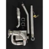 Shiny stainless steel exhaust components and clamps on black background.
