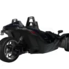 A sleek, black three-wheeled motorcycle with modern design.