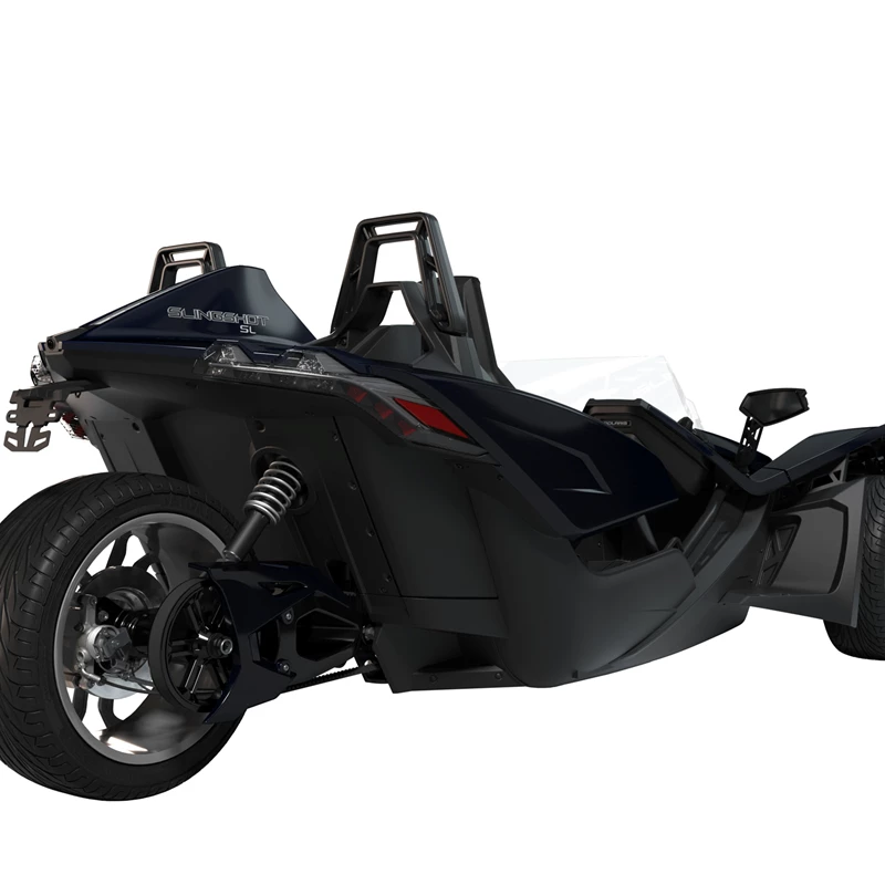 A sleek, black three-wheeled motorcycle with modern design.