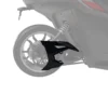 Motorcycle rear wheel and suspension with a black mudguard.