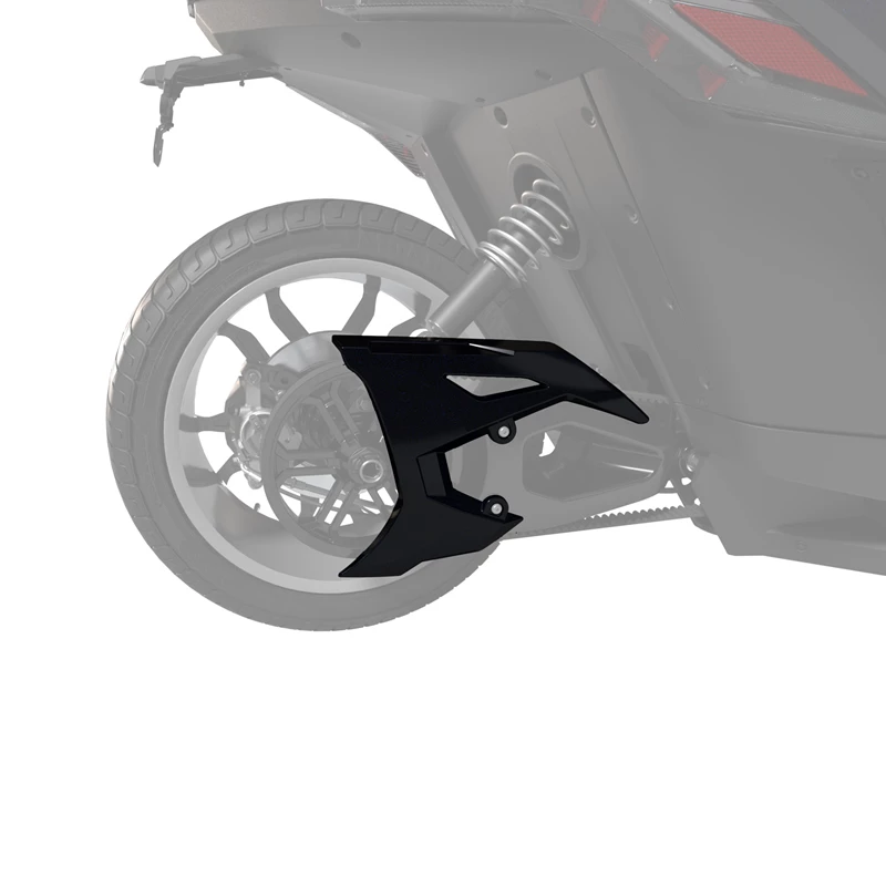 Motorcycle rear wheel and suspension with a black mudguard.
