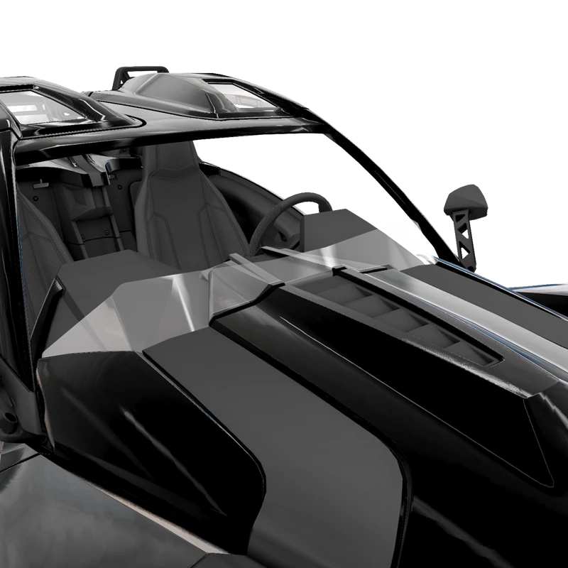 Close-up of a sleek, black sports car's front interior and windshield.