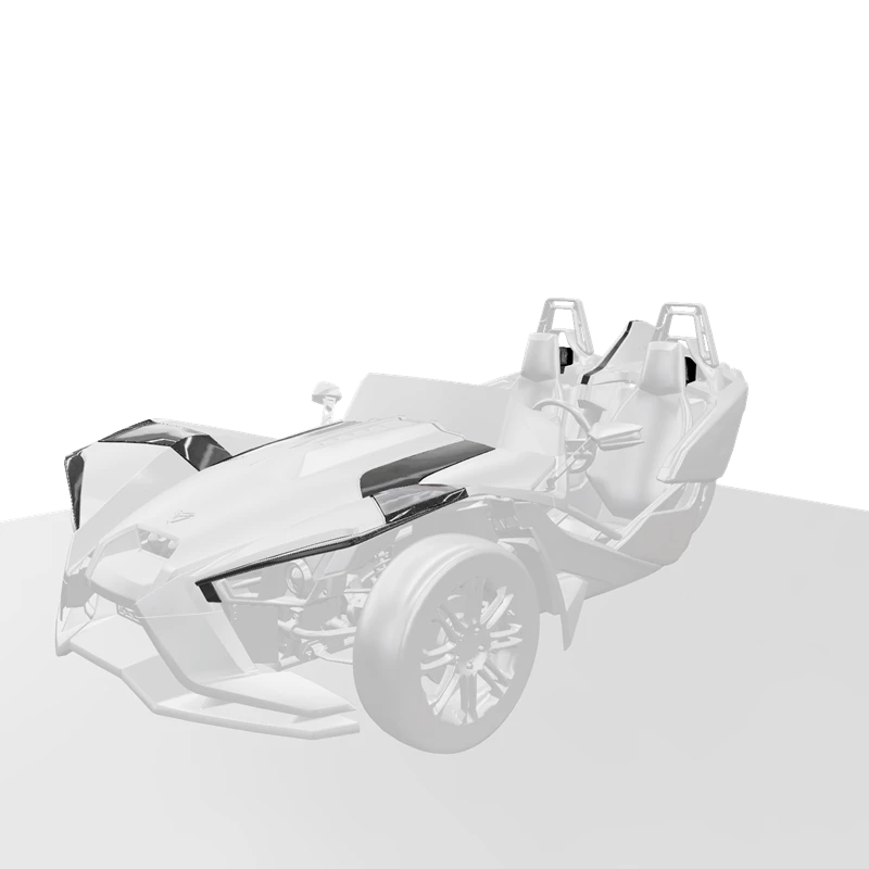 A sleek white three-wheeled sports vehicle with an open cockpit.