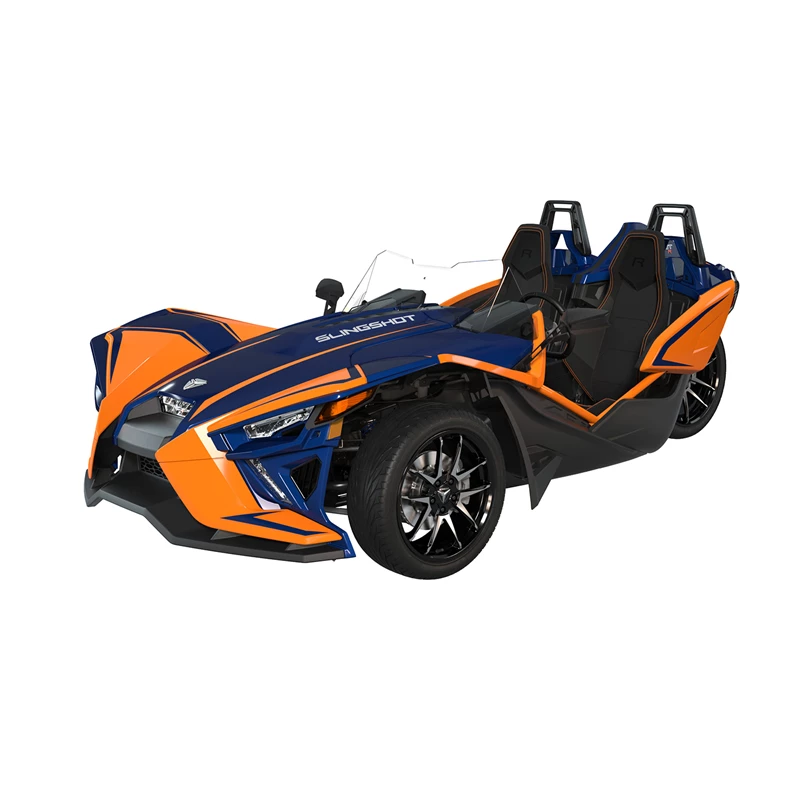 A sporty three-wheeled blue and orange vehicle with two seats.