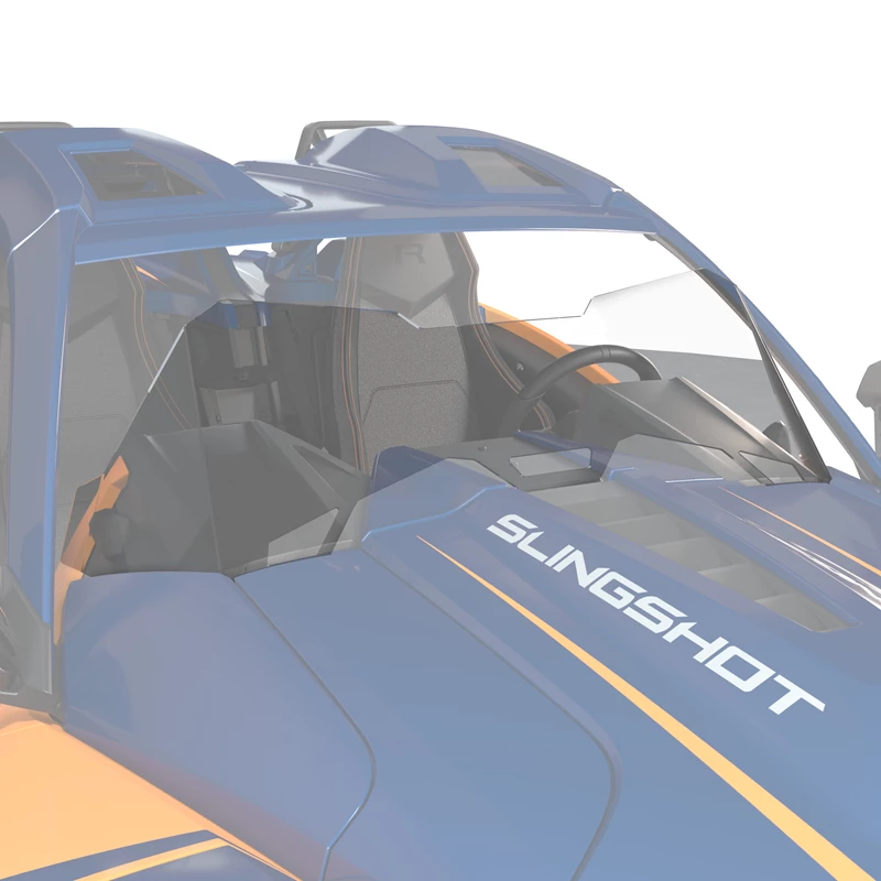 Person driving a blue Slingshot vehicle.