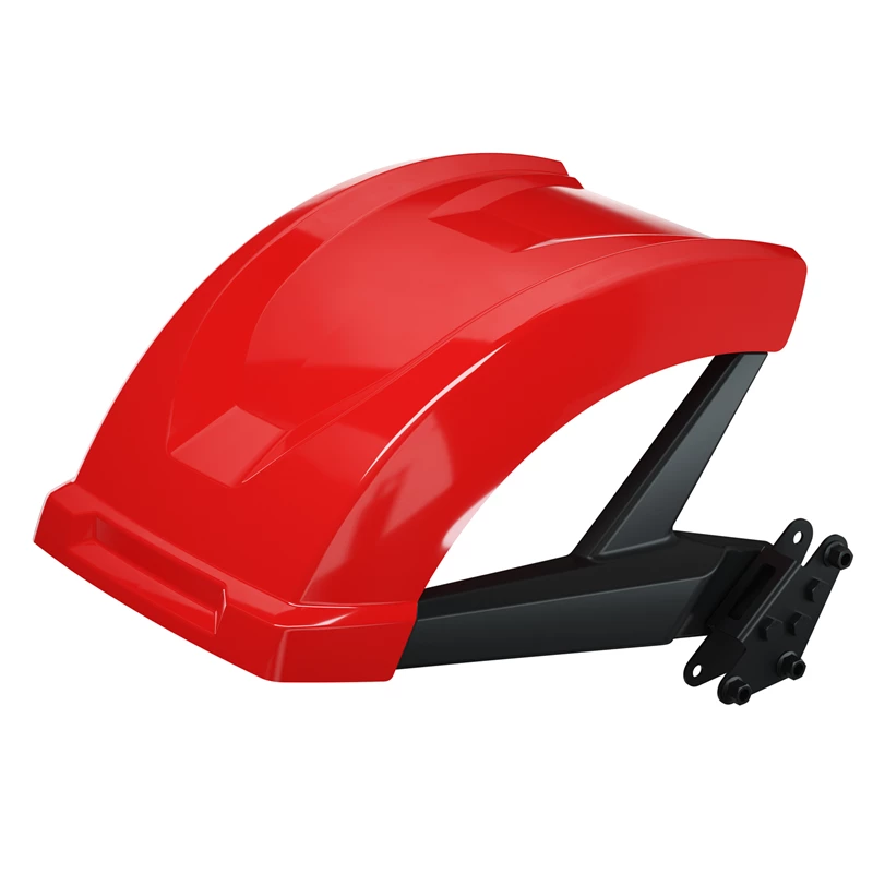 A red plastic hand-held stapler with a black base.
