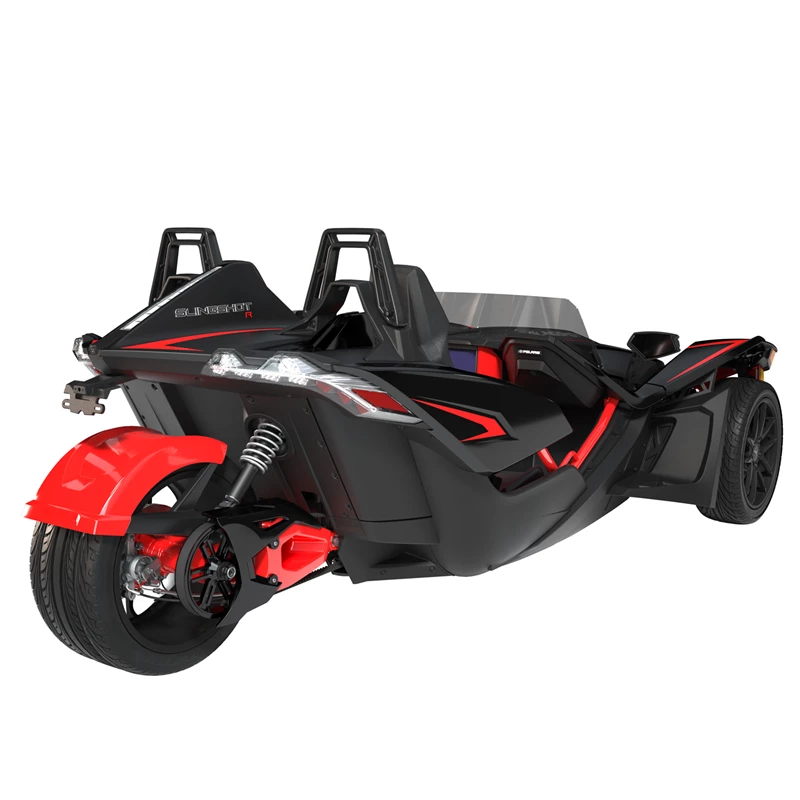 A sleek black and red three-wheeled vehicle with a sporty design.