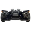 Front view of a sleek black three-wheeled Polaris Slingshot vehicle.