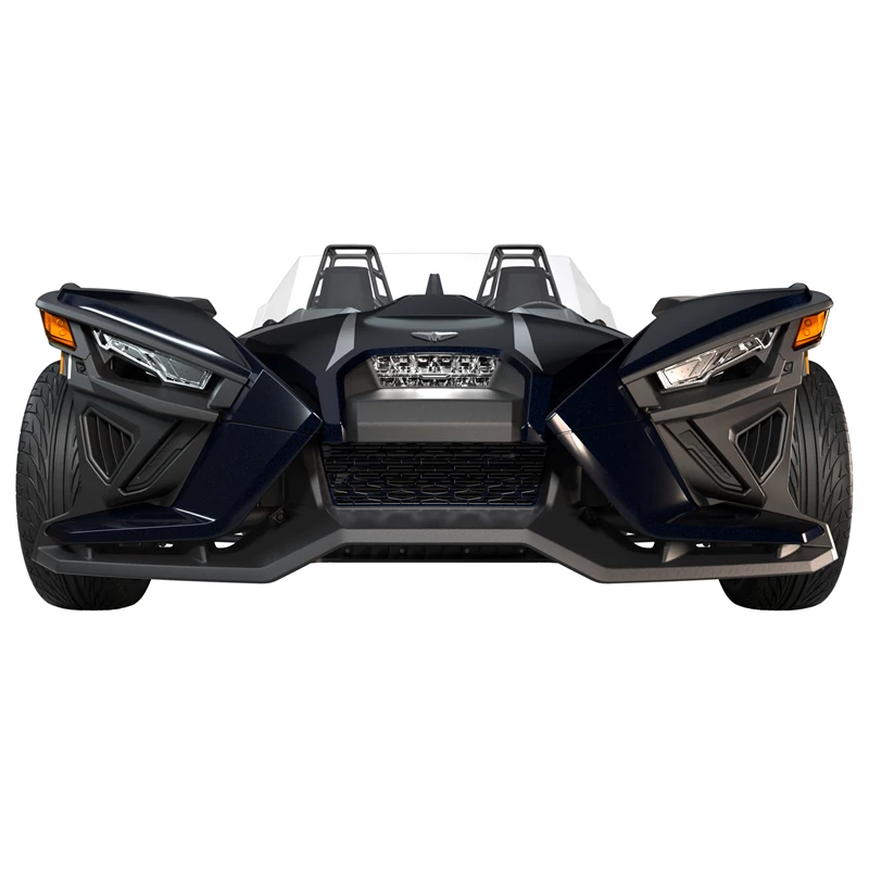 Front view of a sleek black three-wheeled Polaris Slingshot vehicle.