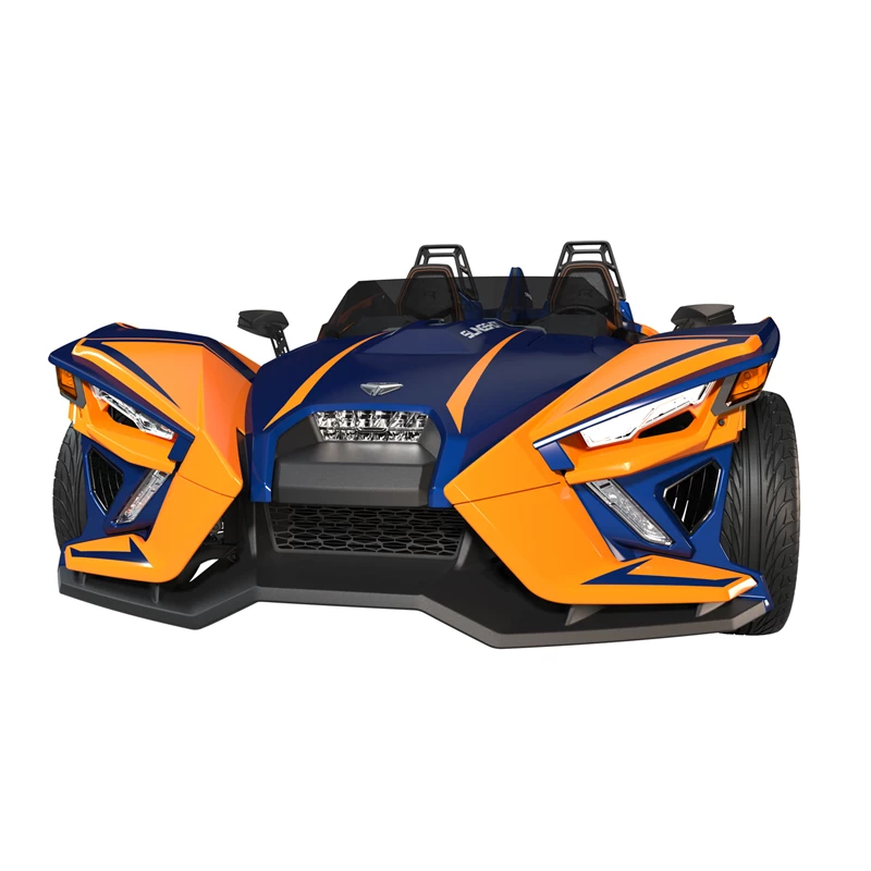 A sporty three-wheeled vehicle with an orange and blue design.