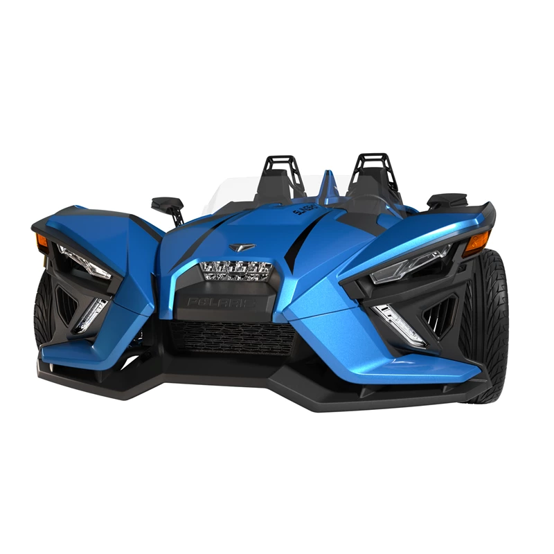 A sleek blue three-wheeled Polaris Slingshot sports vehicle.