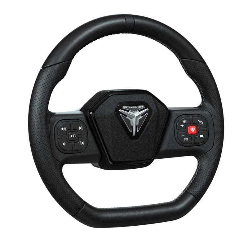 A modern gaming steering wheel with control buttons and a triangular logo.