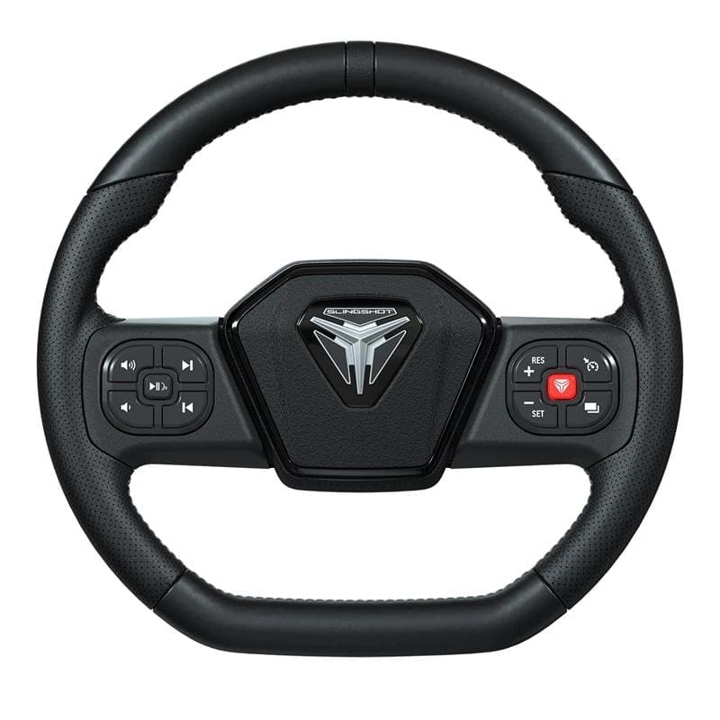 A modern car steering wheel with integrated control buttons.