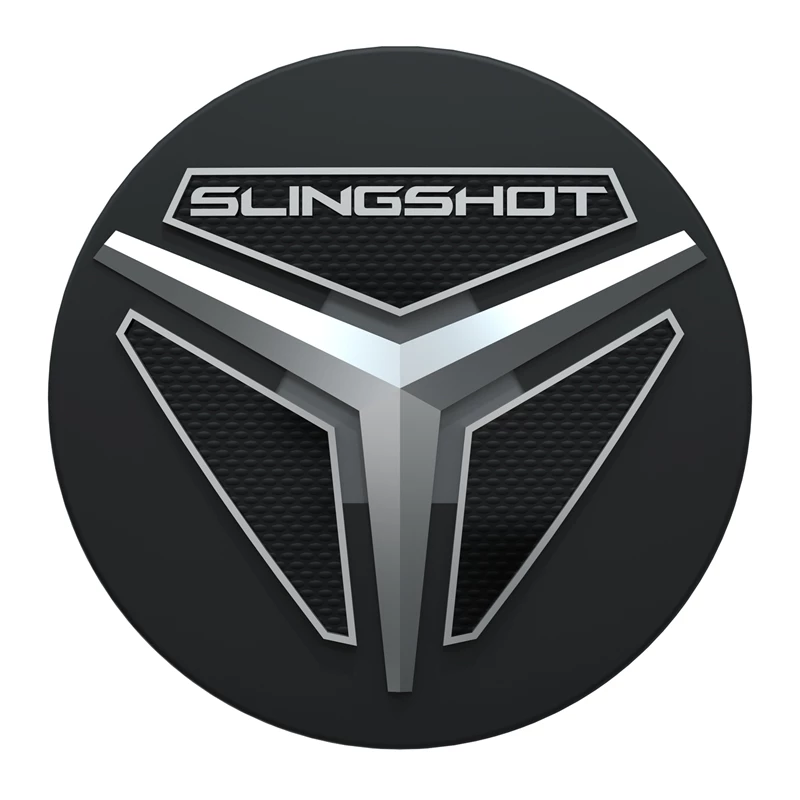 A sleek, modern Slingshot logo with a metallic and black design.
