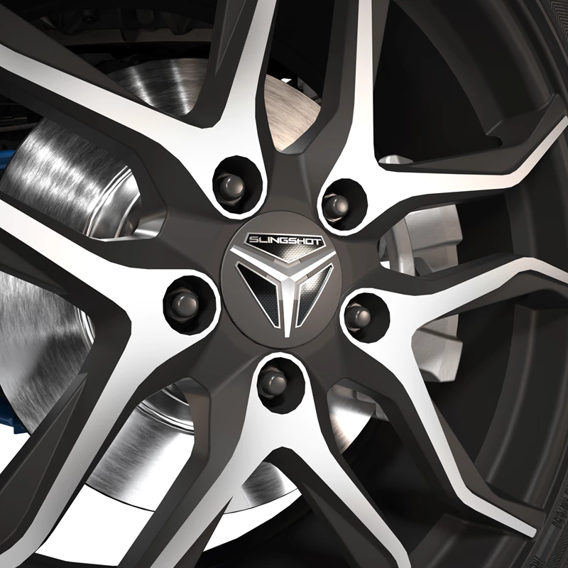 Close-up of a stylish black and silver car wheel rim.