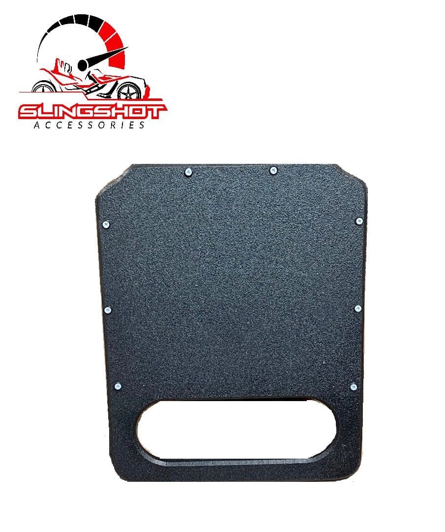 Black textured rectangular plate with mounting holes and a handle slot.