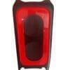 A modern red and black portable speaker with mesh front.