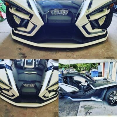 Multiple views of a black and white Slingshot
