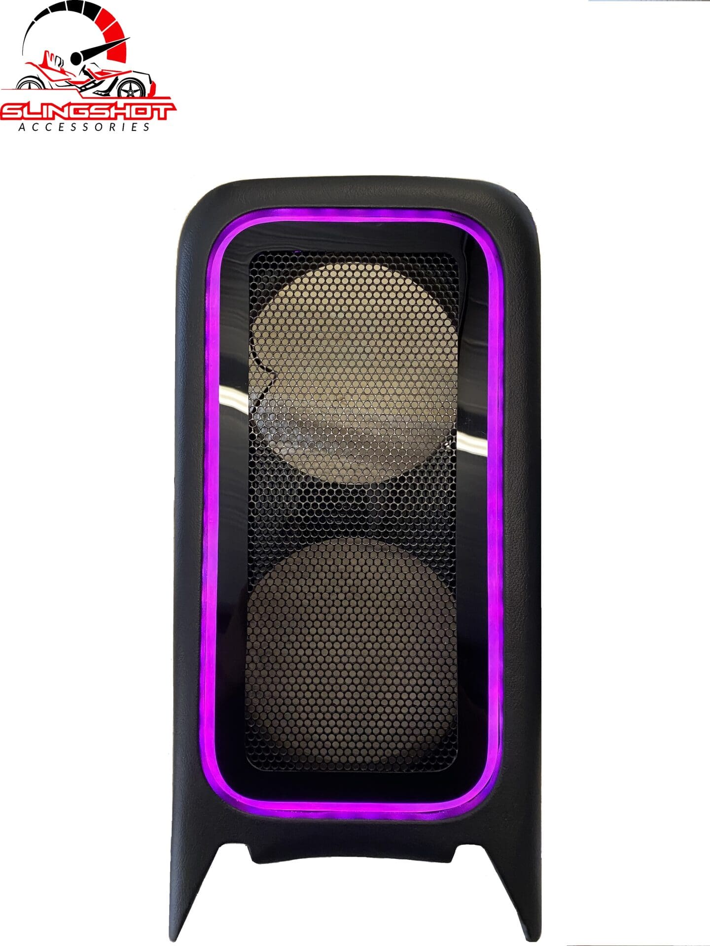 A speaker with a purple LED ring around its front grille.