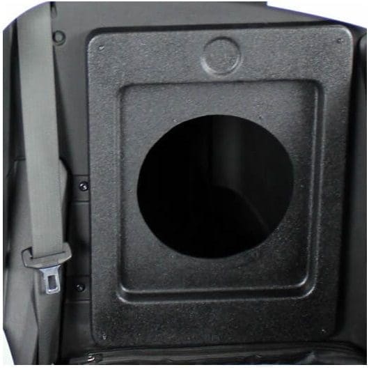 Square metallic box with a circular opening on one side.