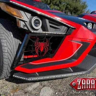 A black and red Slingshot bumper with a Spiderman logo
