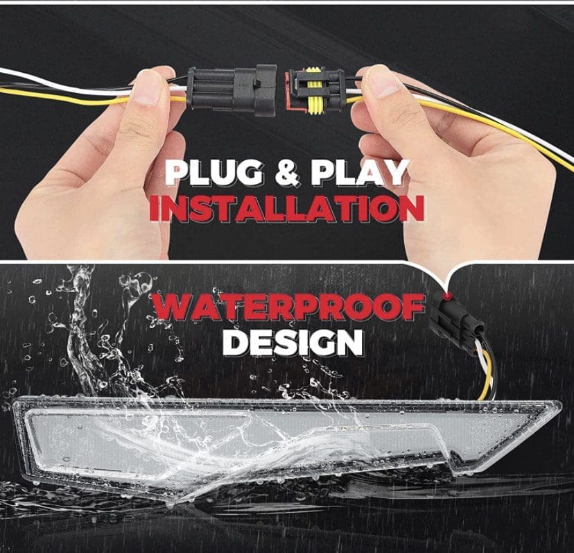 Hands showing plug and play installation with waterproof design feature.