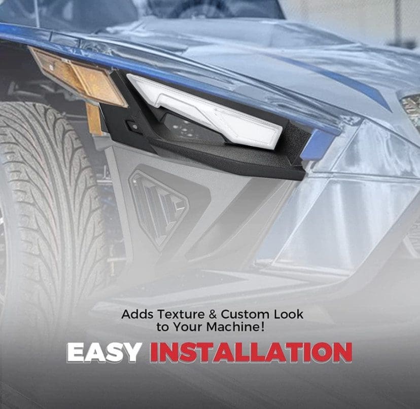 Close-up of a custom car part with easy installation text.