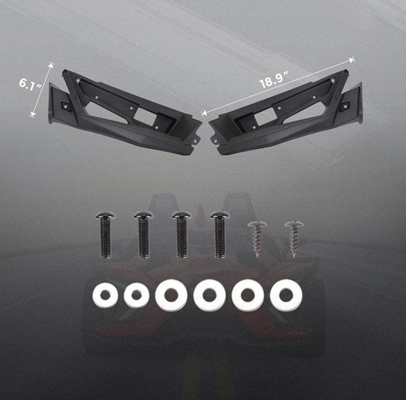 Two black plastic brackets with screws and washers, dimensions 18.9" by 6.1".