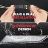 Hands showing plug & play installation with waterproof design demonstration.