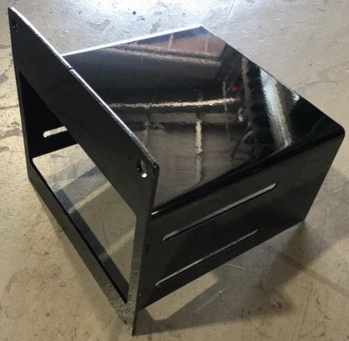 A black metal cart with two drawers and an open shelf on casters.