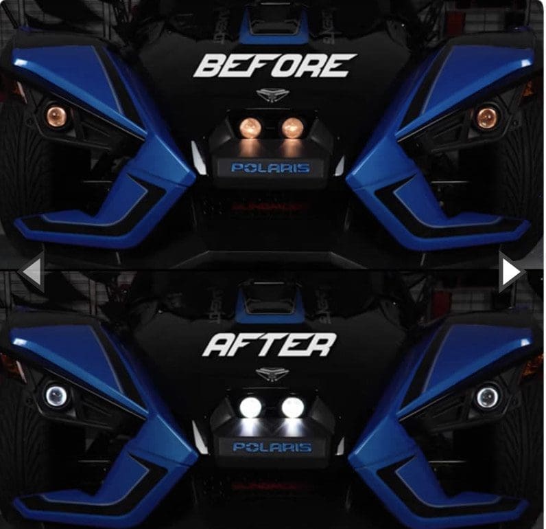 Comparison of vehicle headlights before and after upgrade.