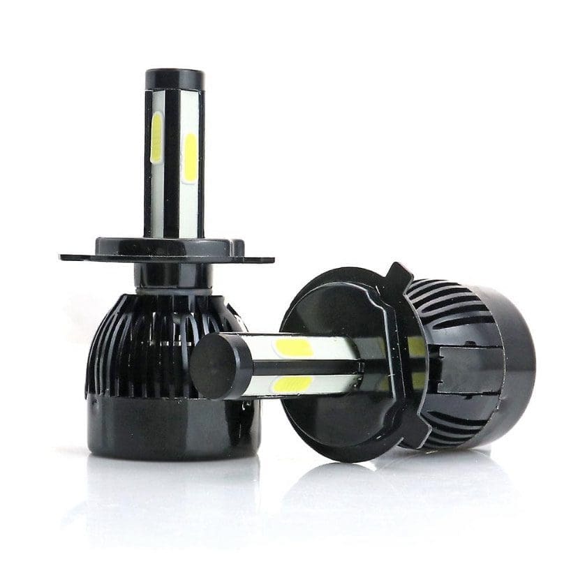 Pair of black LED car headlight bulbs with cooling fans.