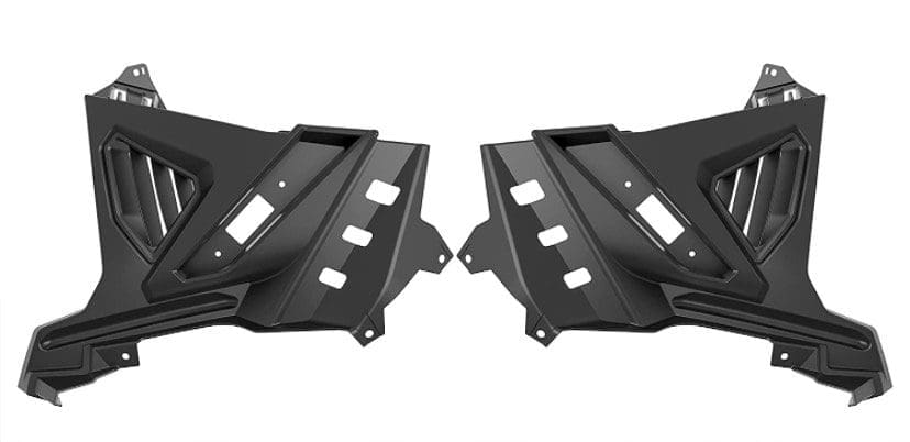 Two black angular plastic automotive panels placed symmetrically.