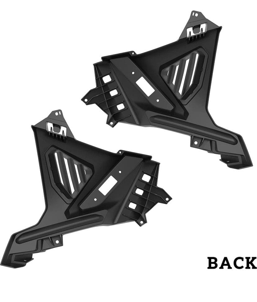 IMG_4655 Pair of black plastic automotive mounting brackets labeled 'BACK'.