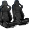 Two black racing-style car seats with blue accents and honeycomb pattern.