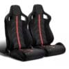 Two black racing seats with red stripes and harness slots.
