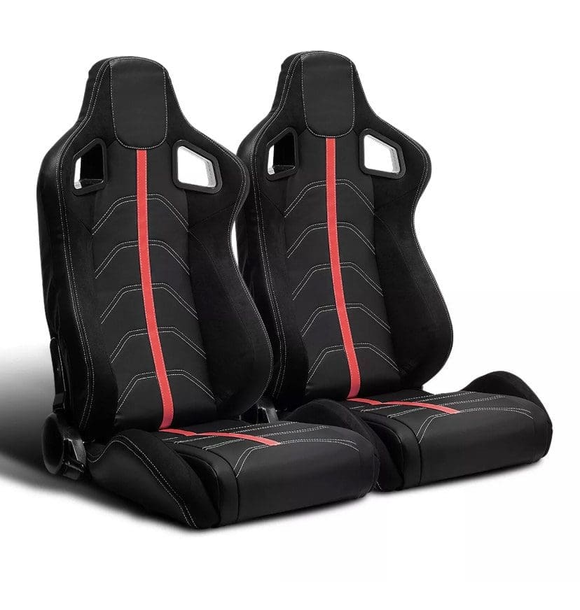 Two black racing seats with red stripes and harness slots.