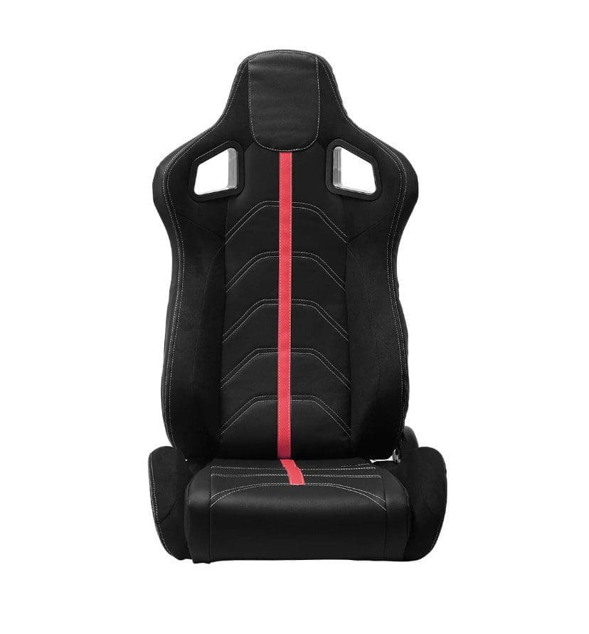 Black racing car seat with red stripe.