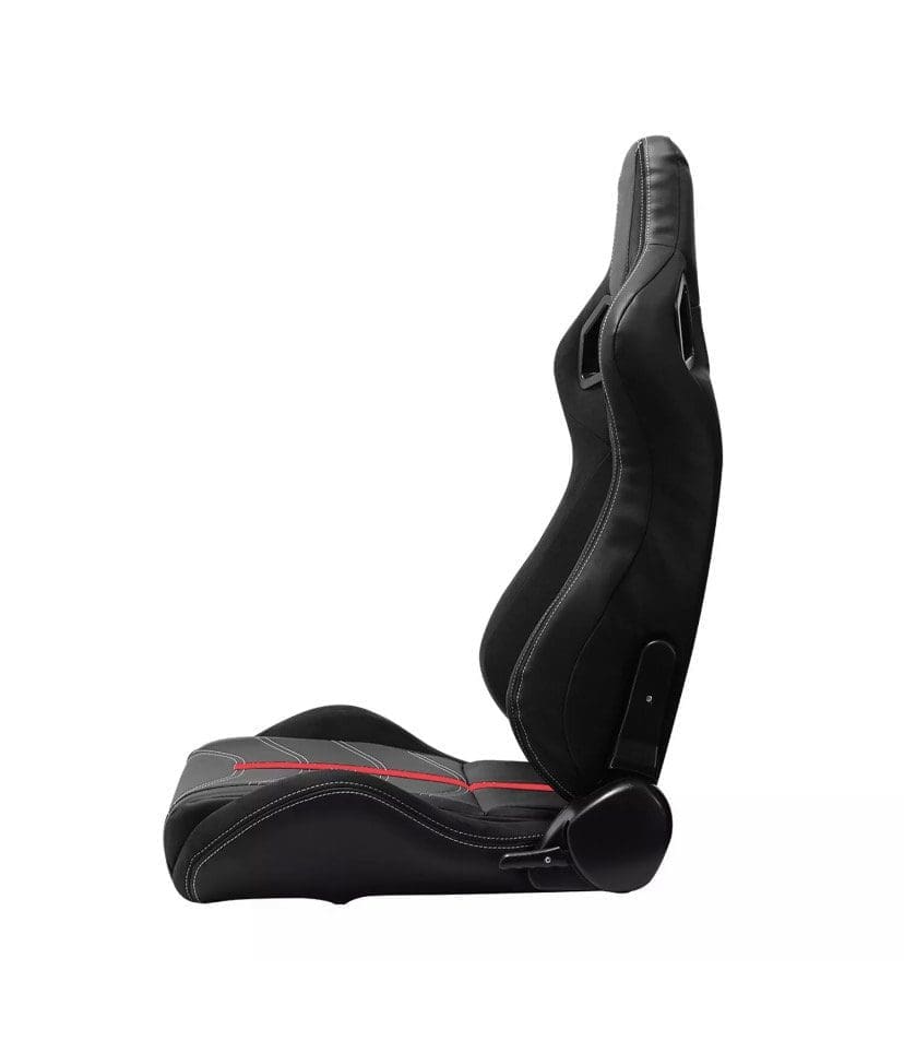 Black ergonomic gaming chair with red accents and high backrest.
