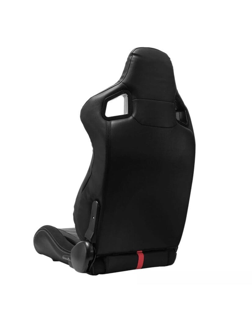 Black ergonomic racing seat with a cutout and red accent.