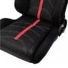 Black car seat with a red stripe down the middle.