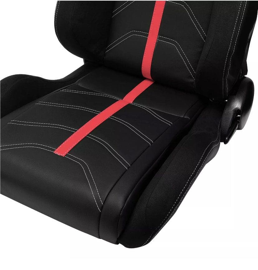 Black car seat with a red stripe down the middle.