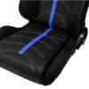 Black car seat cover with a blue racing stripe down the center.