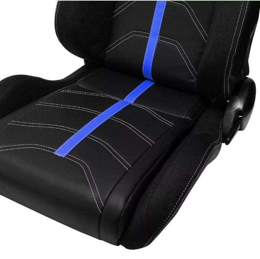 Black car seat cover with a blue racing stripe down the center.
