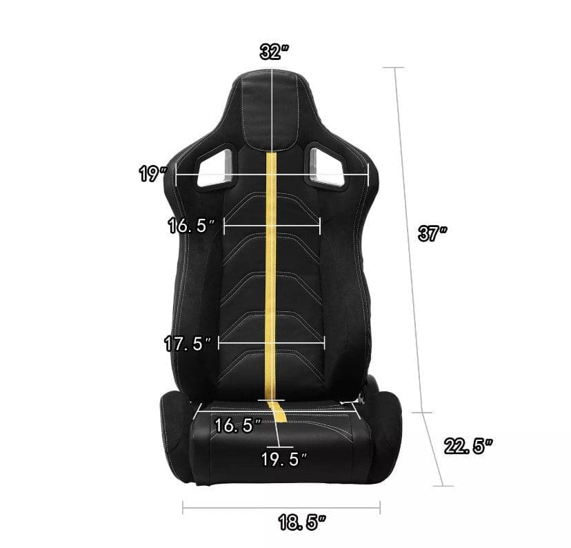 Black racing-style seat with detailed dimensions marked in inches.
