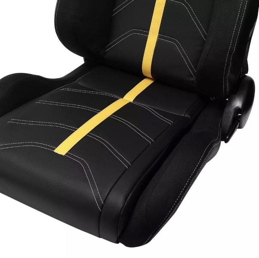Black car seat cover with yellow stripe detail.