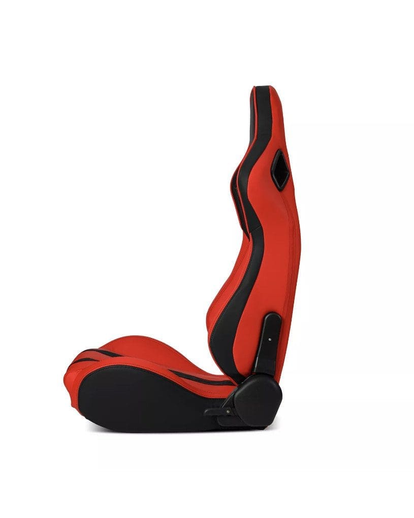 Ergonomic red and black gaming chair seat with sleek design.