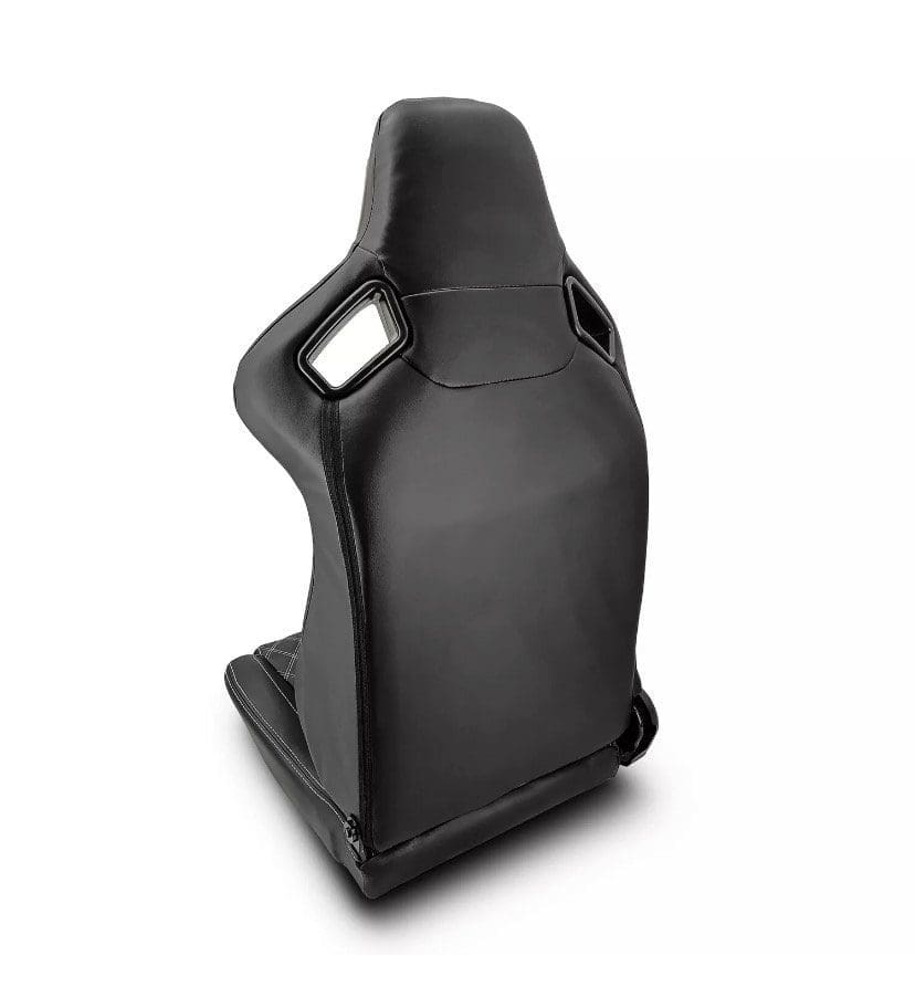 IMG_4967 Black racing-style car seat with ergonomic design and cutout handles.