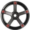 Black and red five-spoke wheel rim with a central hub.