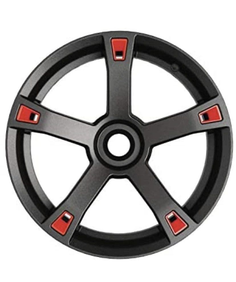 Black and red five-spoke wheel rim with a central hub.
